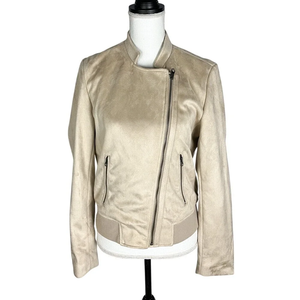 Banana Republic Size M Faux Suede Moto Bomber Jacket Tan Asymmetrical Zipper